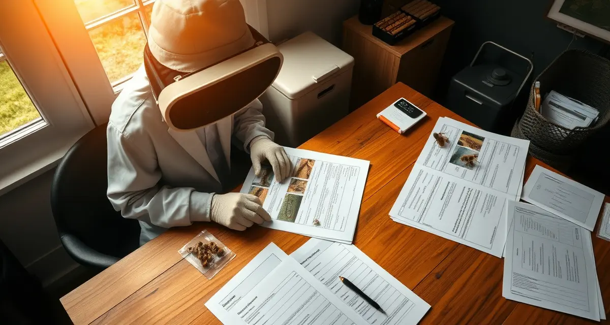 Beekeeping compliance record organization and documentation system Commercial beekeeper reviewing contract compliance documentation and hive count records with GPS data and verification paperwork organized on desk