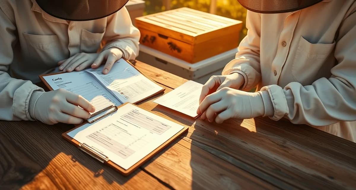Contract dispute resolution documentation for commercial beekeeping operations Beekeepers reviewing pollination contract documentation and hive strength assessment records to resolve disputes