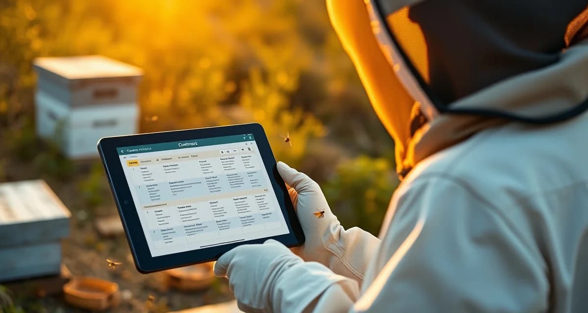 Contract renewal planning for commercial pollination operations Beekeeper reviewing pollination contract expiration dates and renewal timeline on digital management system in apiary