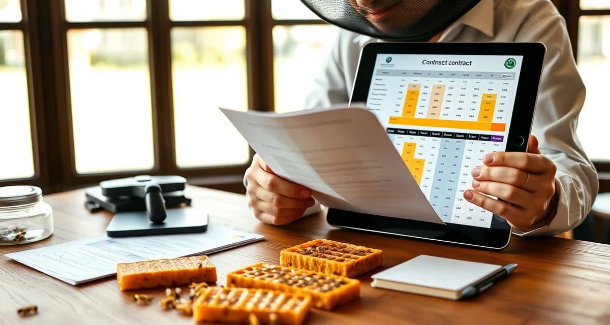 Contract lifecycle management for commercial pollination operations Commercial beekeeper managing pollination contracts with documentation and scheduling tools for bee logistics operations