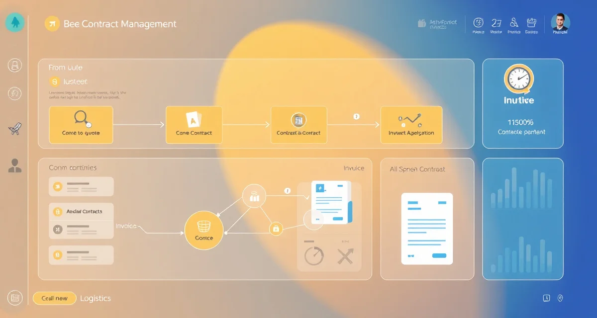 Digital contract lifecycle automation for bee logistics PollenOps contract management platform dashboard displaying automated workflow from quoting through invoice generation for commercial beekeeping operations.