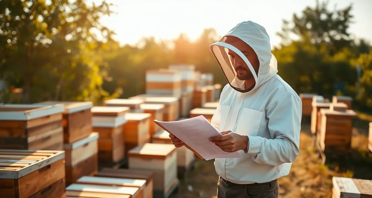 Live pollination contract software demonstration Beekeeper reviewing pollination contracts on tablet in apiary demonstrating software logistics management