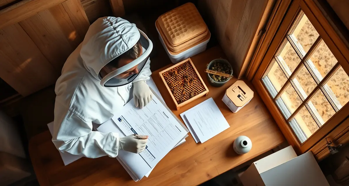 Contract planning strategy for commercial beekeepers Beekeeper reviewing annual pollination contracts and planning calendar for commercial bee logistics operations