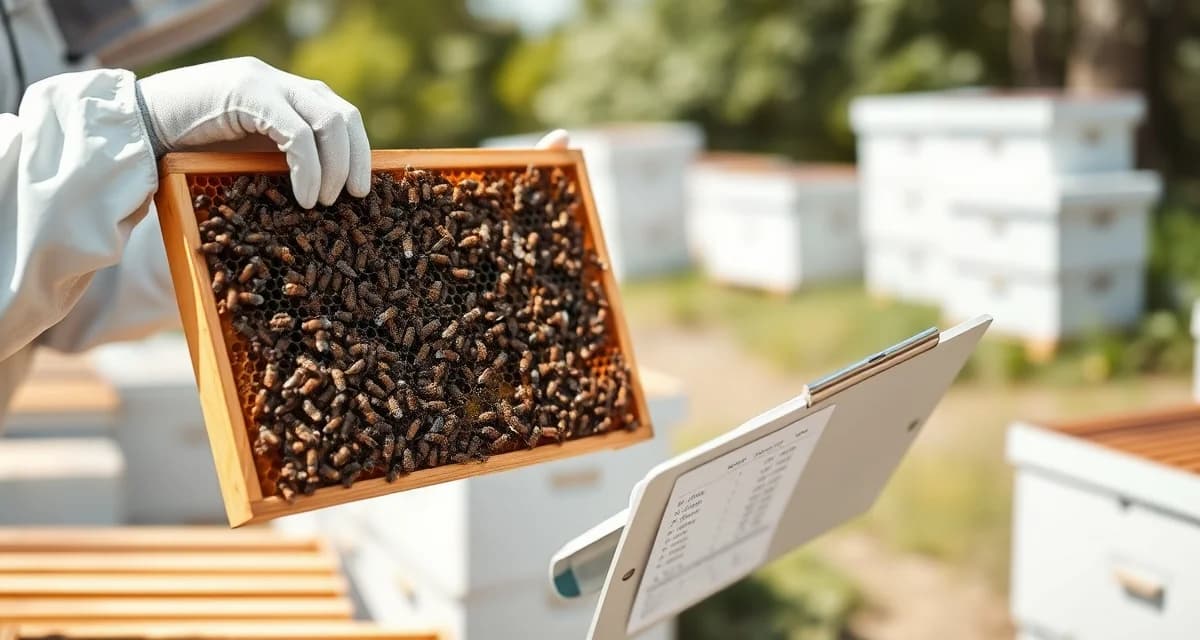 Professional hive evaluation for contract rate determination Beekeeper evaluating hive strength data for pollination contract pricing negotiations with documented colony assessment.
