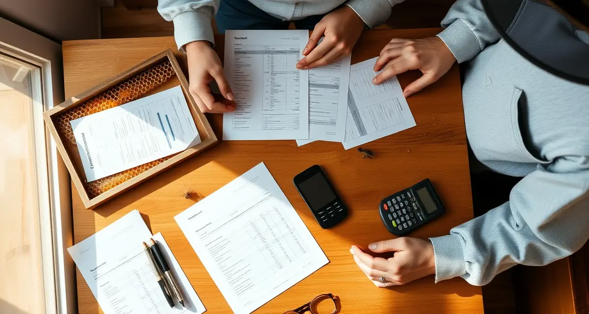 Understanding pollination contract rates and pricing factors Beekeeper reviewing pollination contract pricing documents with calculator and hive data on desk