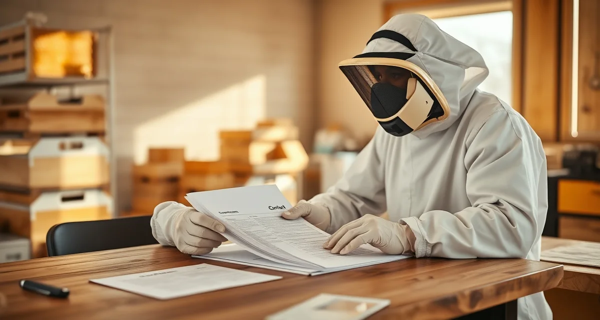 Contract management for commercial pollination operations Beekeeper reviewing pollination contract renewal documents with hive data and performance metrics on desk