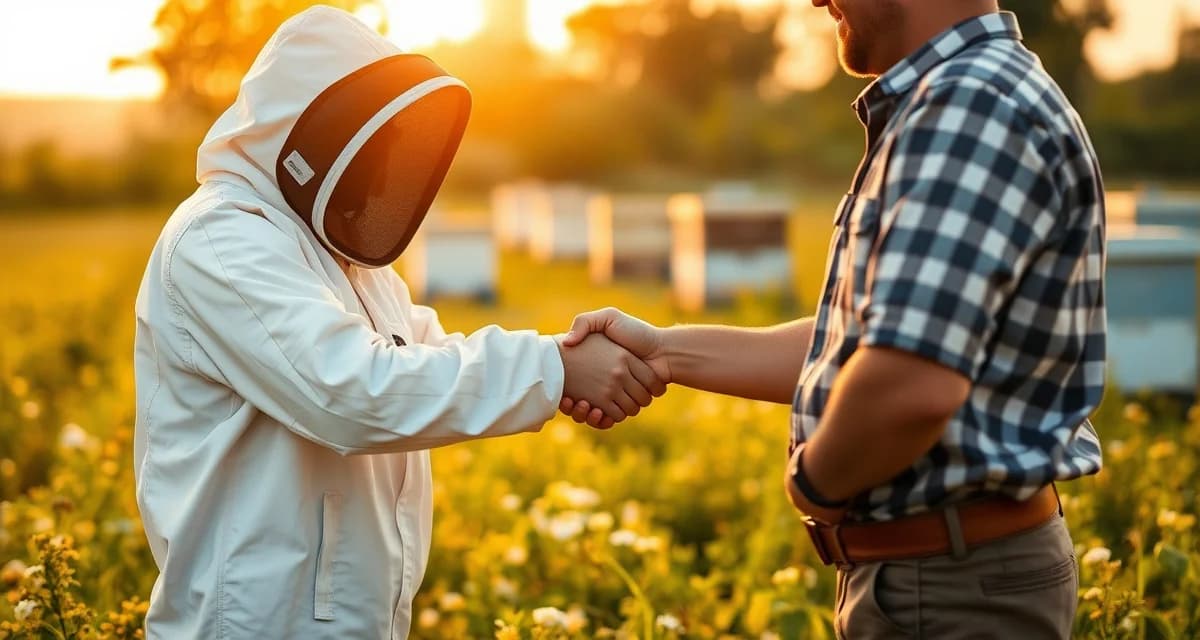 Building trust through pollination service excellence Beekeeper and grower shaking hands in a blooming field, representing successful pollination contract renewal and long-term business relationships.