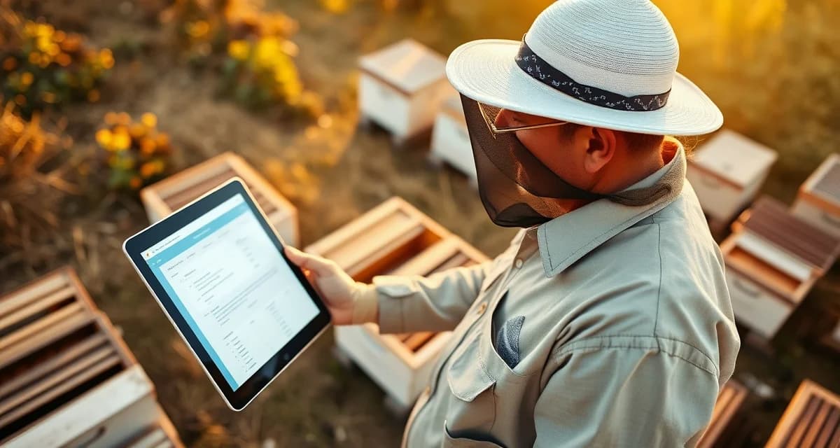 Pollination management software in action Commercial beekeeper using pollination contract software on tablet in apiary with organized hives visible