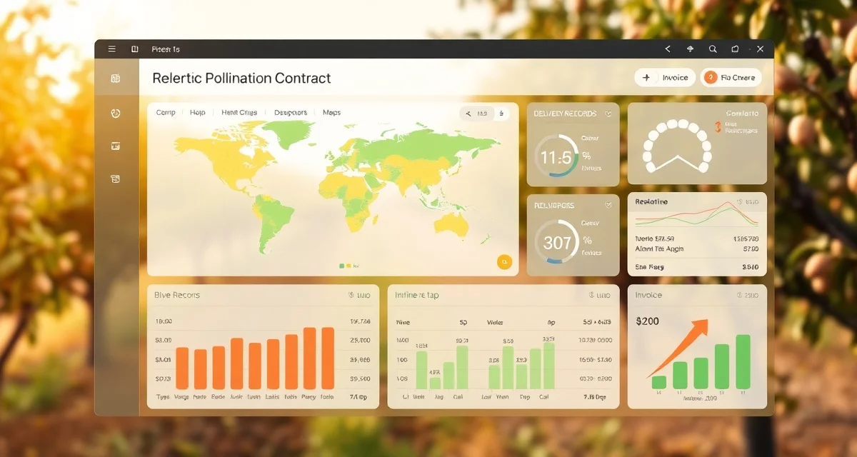 Real-time pollination management dashboard PollenOps grower portal displaying real-time pollination contract data, hive placement records, and invoice tracking for almond and berry growers.