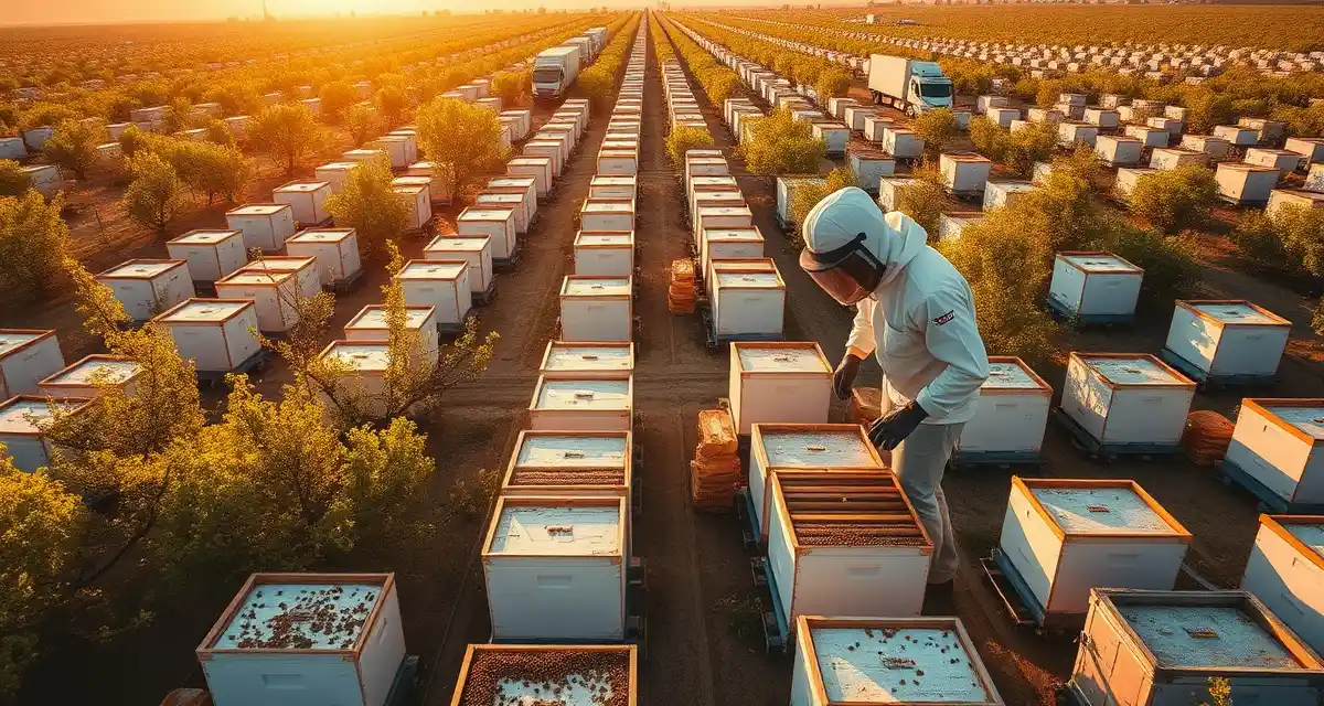 PollenOps pollination management software in action Commercial beekeeper managing hives during peak pollination season with logistics coordination visible in background.