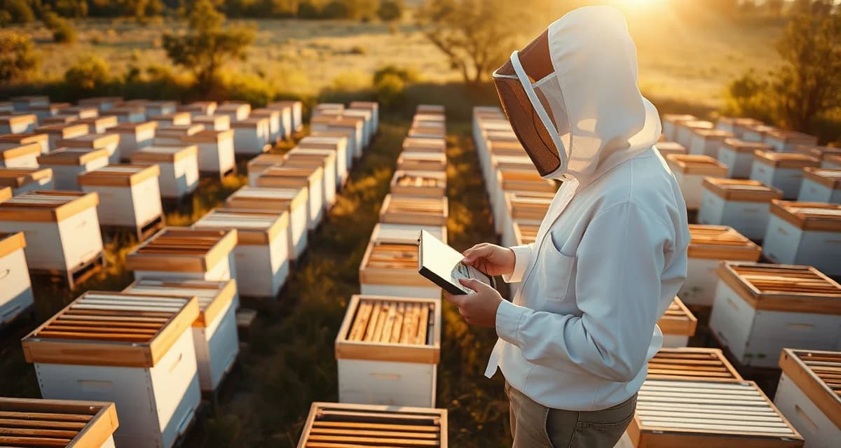 PollenOps pollination contract software for small beekeeping operations Small commercial pollination operation showing organized hives with beekeeper using contract management software on tablet