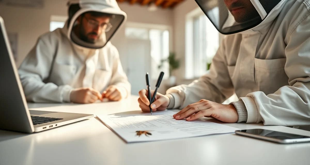 Digital pollination contract management for commercial beekeeping operations Beekeepers reviewing a professional pollination contract template document on desk with digital devices for contract management