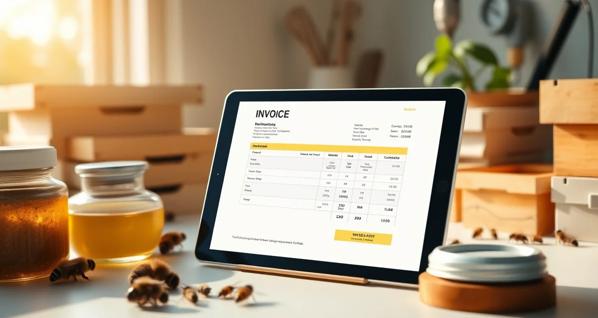 Professional pollination invoicing software interface Digital pollination invoice template displayed on tablet showing professional beekeeping service billing format with organized line items and automated calculation fields