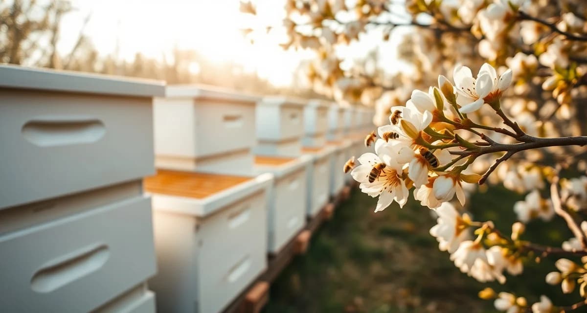 Beekeeping hives in almond pollination service Per hive pricing calculator framework for commercial pollination contracts showing beehives in almond orchard during bloom season.