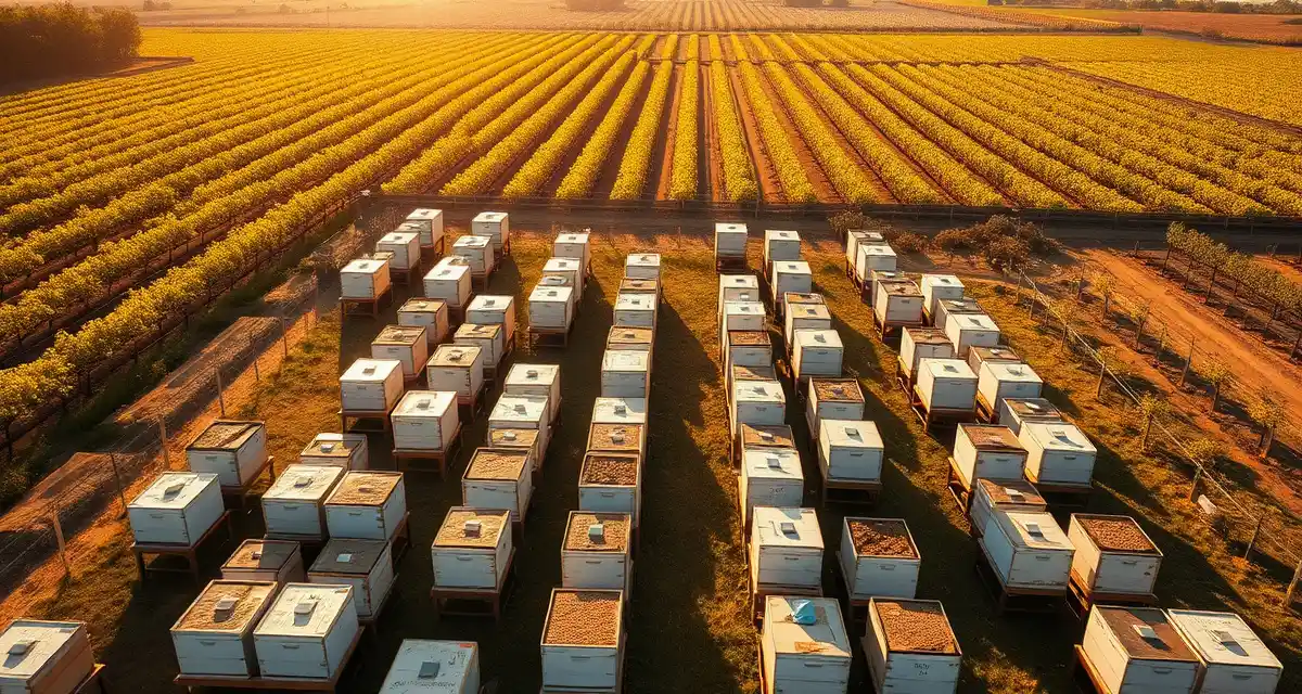 2026 per-hive pollination rate benchmarks by crop type Commercial honeybee hives arranged in rows showing per-hive pollination rates by crop for 2026 market benchmarks and pricing data.