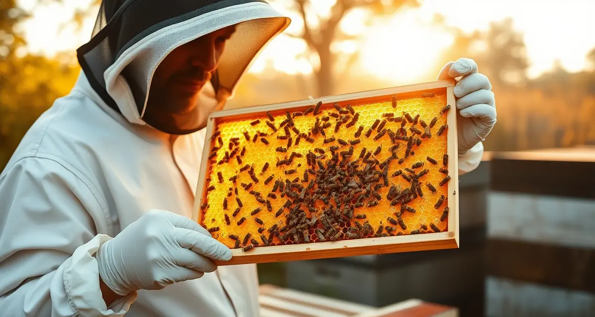 Professional hive inspection for pollination rate assessment Beekeeper examining honeycomb frame to assess hive strength for pollination service pricing decisions