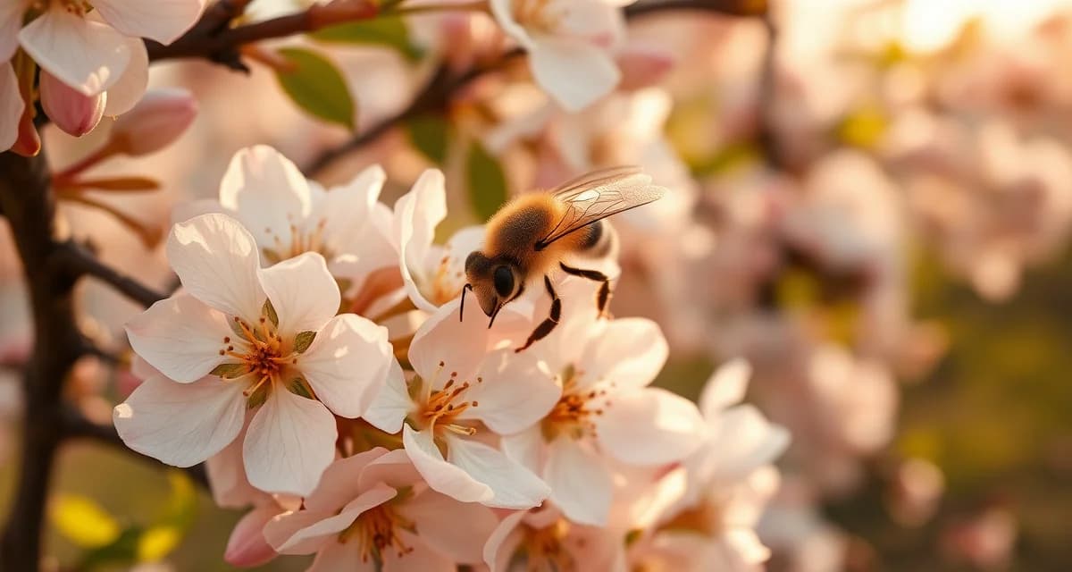 Peak almond bloom pollination timing Honeybee pollinating almond blossoms during peak bloom window, critical for maximizing crop yield and nut set.