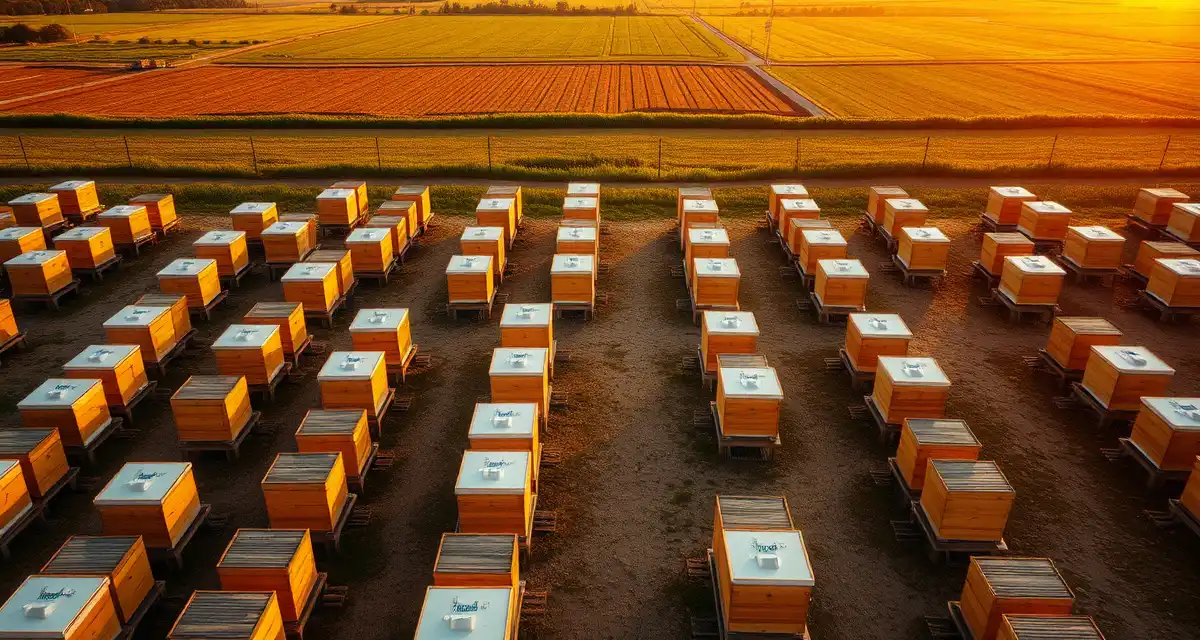 Professional beehive yard lease management Organized pollination yard with rows of beehive boxes on leased agricultural land, showing professional yard management setup.