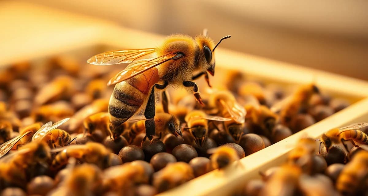Queen bee colony management for commercial pollination Honeybee queen surrounded by worker bees on brood frame, essential for maintaining hive strength during pollination season