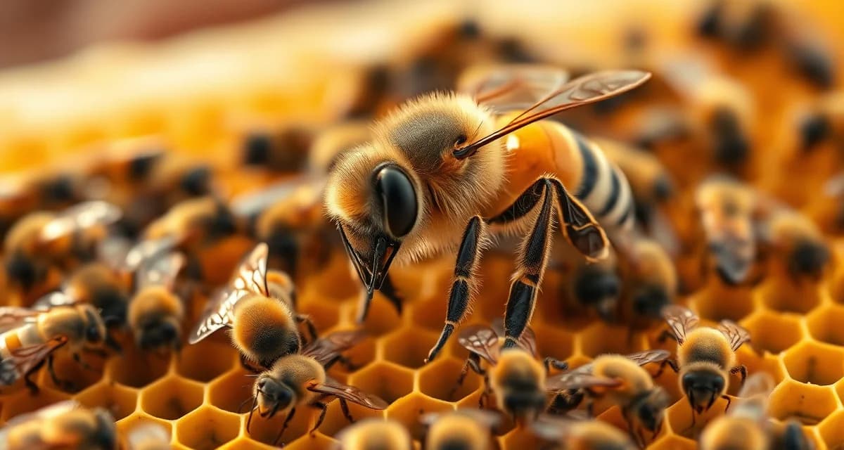 Professional queen bee assessment in commercial hive Healthy honeybee queen surrounded by worker bees on brood frame in commercial beekeeping operation showing proper colony health