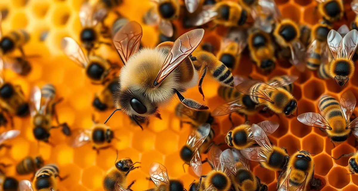 Queen quality assessment in commercial bee colonies Healthy honeybee queen surrounded by worker bees on brood comb showing excellent egg-laying pattern and colony strength