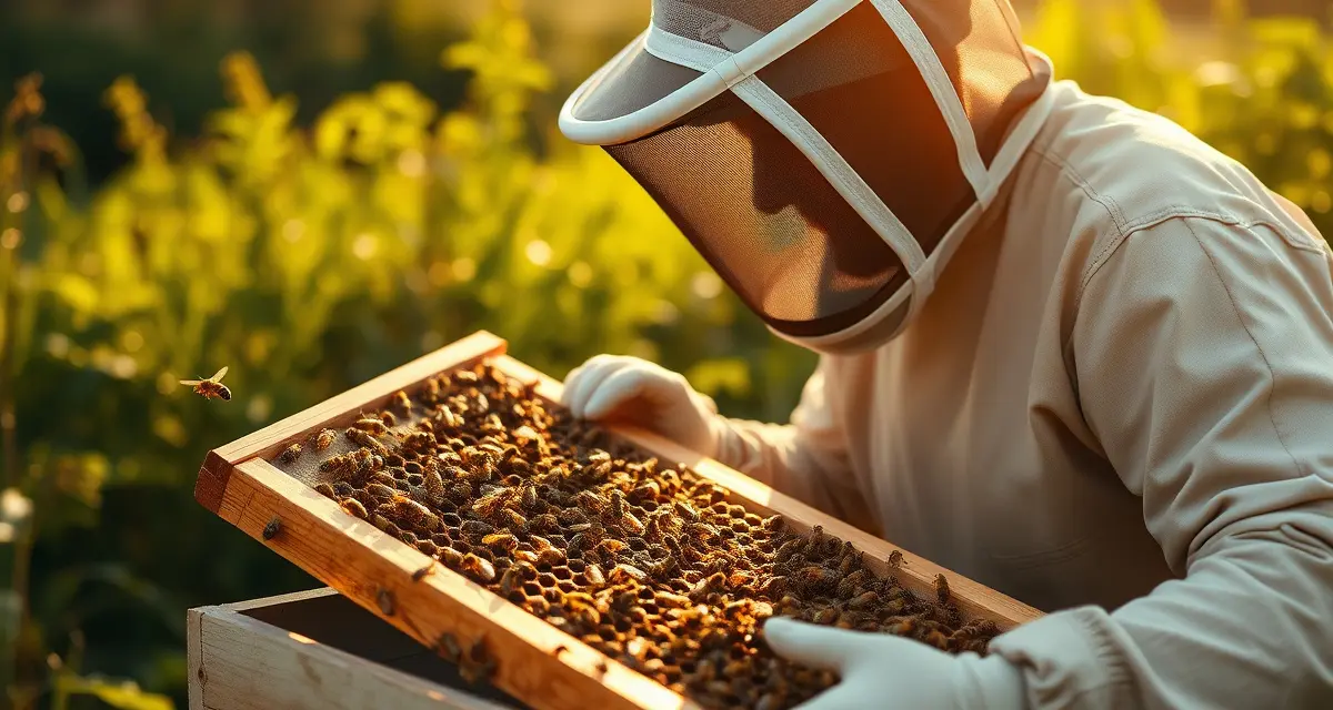 Commercial beekeeping inspection in Rhode Island Beekeeper inspecting honeycomb frame in Rhode Island commercial beekeeping operation with protective equipment and wooden hives.