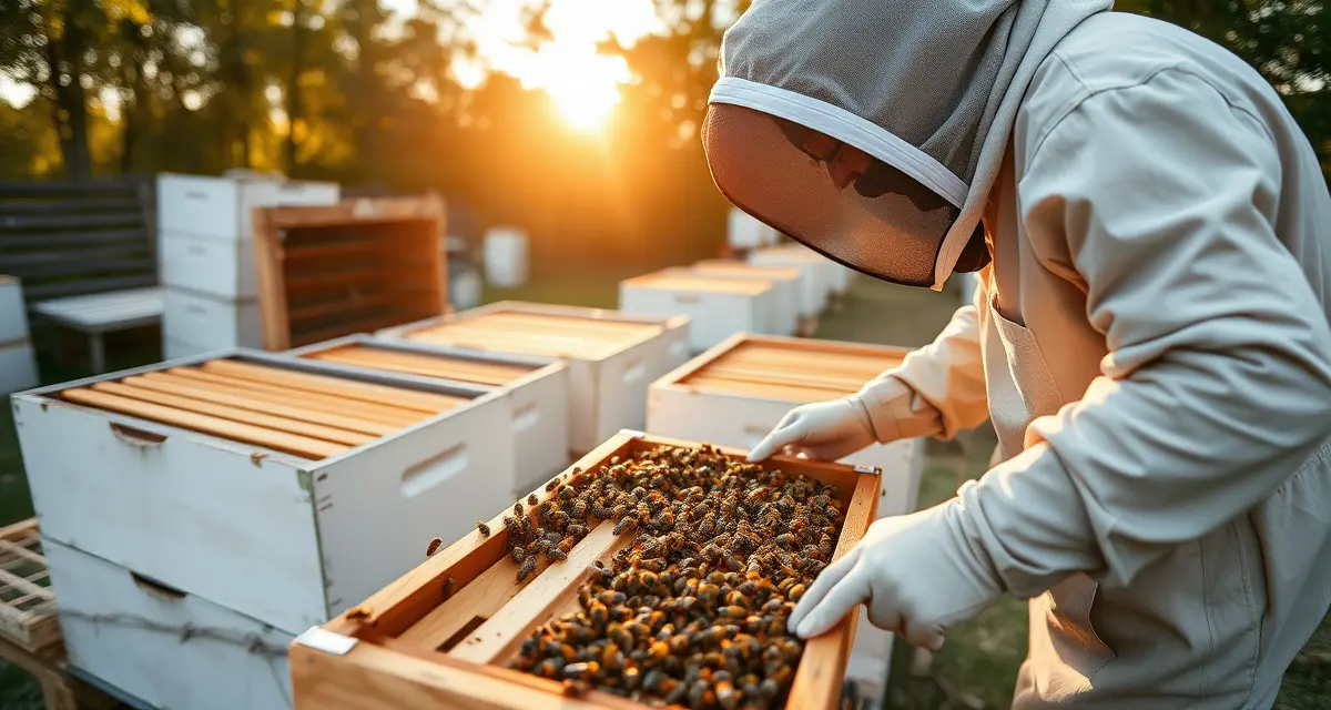 Rhode Island Apiary Regulations Compliance Commercial beekeeper inspecting honeycomb frames in Rhode Island apiary operation showing regulatory compliance and honey production practices.