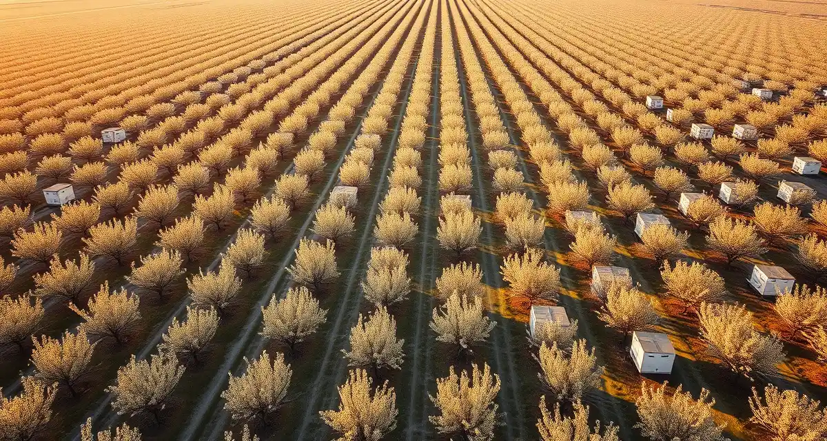 Almond pollination hive placement in San Joaquin Valley Aerial view of San Joaquin Valley almond orchard with organized beehive placements during peak pollination season in February.