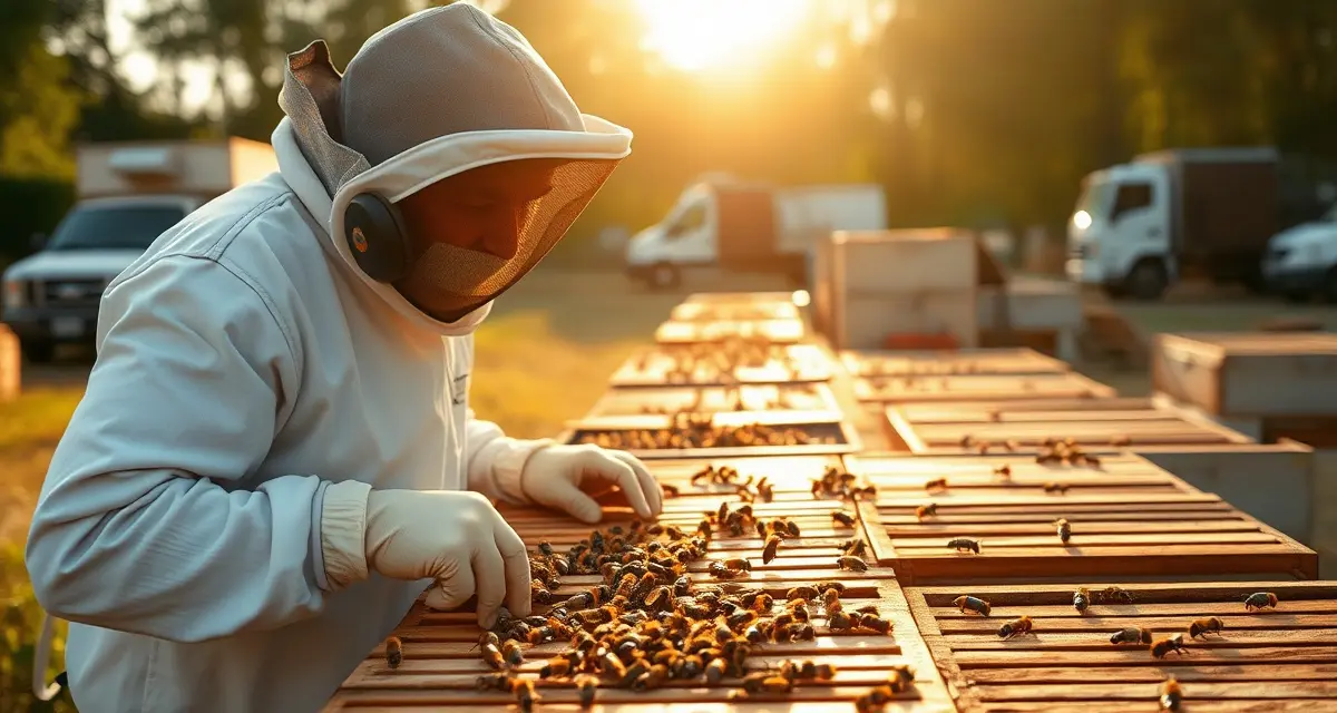 SBA 7(a) Loan Guide for Commercial Beekeeping Operations Commercial beekeeper inspecting beehive frames for SBA loan financing guide covering equipment and expansion funding