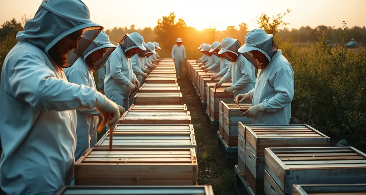 Seasonal beekeeping workforce in action Commercial beekeeping operation with multiple seasonal workers managing hives during peak labor season