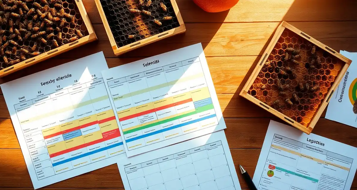 Commercial beekeeper's seasonal contract scheduling system Seasonal pollination contract calendar showing color-coded crop schedules and logistics planning for commercial beekeeping operations across multiple states.
