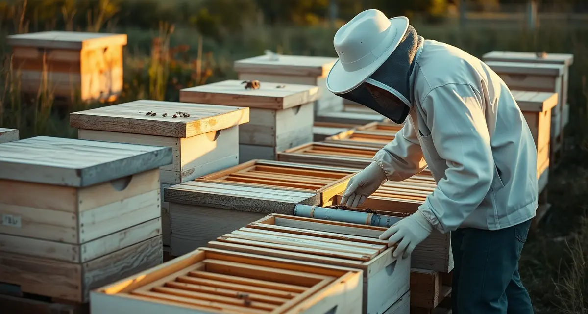 End-of-season yard closure documentation process Organized hive boxes and beekeeping equipment documented during seasonal yard closure procedures for migratory operations.