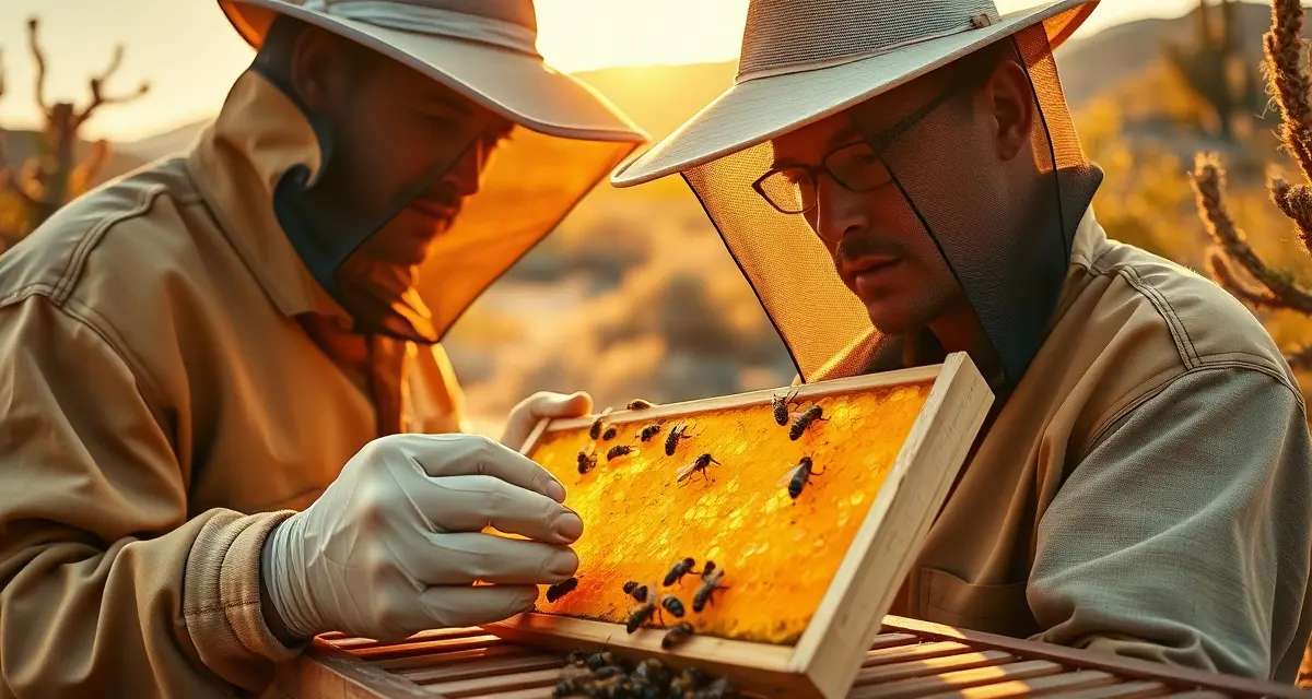 Desert honey production in Southwest beekeeping operations Commercial beekeeper inspecting honey frames from Sonoran Desert hives with palo verde trees in Arizona landscape
