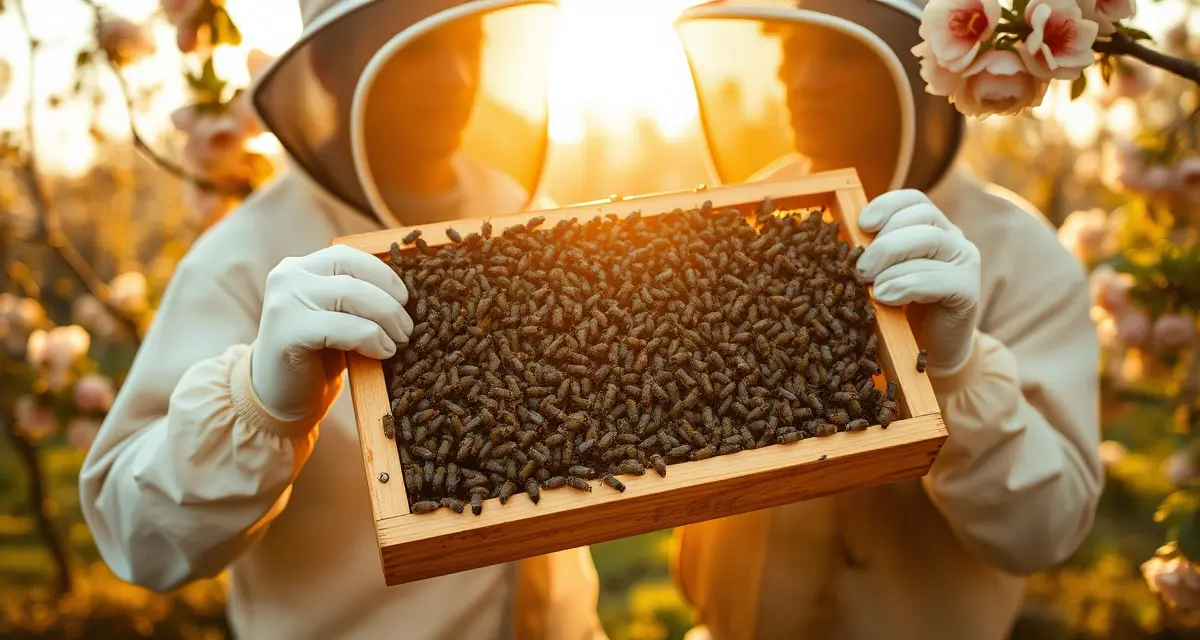 Commercial beekeeping operations in SC peach orchards Beekeeper inspecting honeybee colony frame in South Carolina peach orchard during spring pollination season with blossoms in background