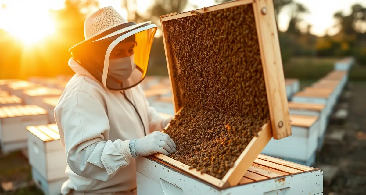 SC commercial beekeeping inspection and registration Commercial beekeeper inspecting honeycomb frame in South Carolina apiary during hive inspection for regulatory compliance