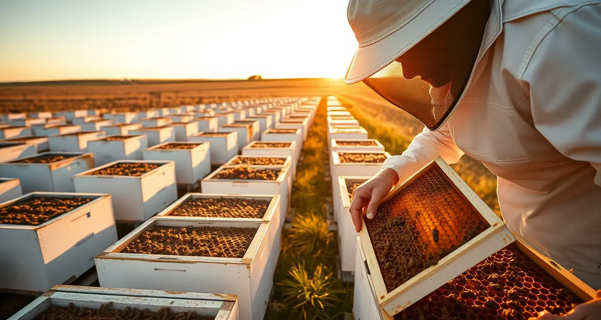 Professional pollination hive management in South Dakota Beekeeper managing honeycomb frames in South Dakota alfalfa seed pollination operation with multiple hive boxes in field