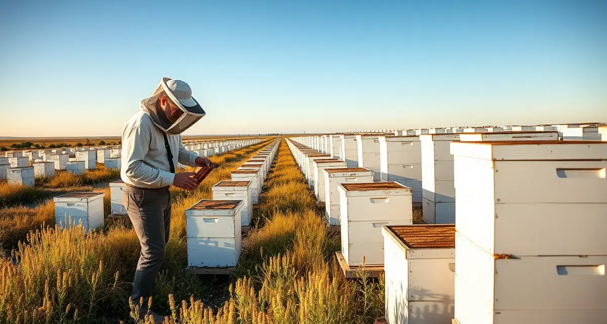 South Dakota apiary yard with regulated hive placement Commercial beekeeping operation in South Dakota showing organized bee hives and apiary yard setup for migratory honey production.