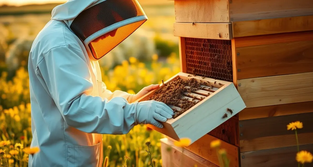 South Dakota honey production beekeeping operation Commercial beekeeper inspecting honeycomb frame in South Dakota apiary with clover fields in background