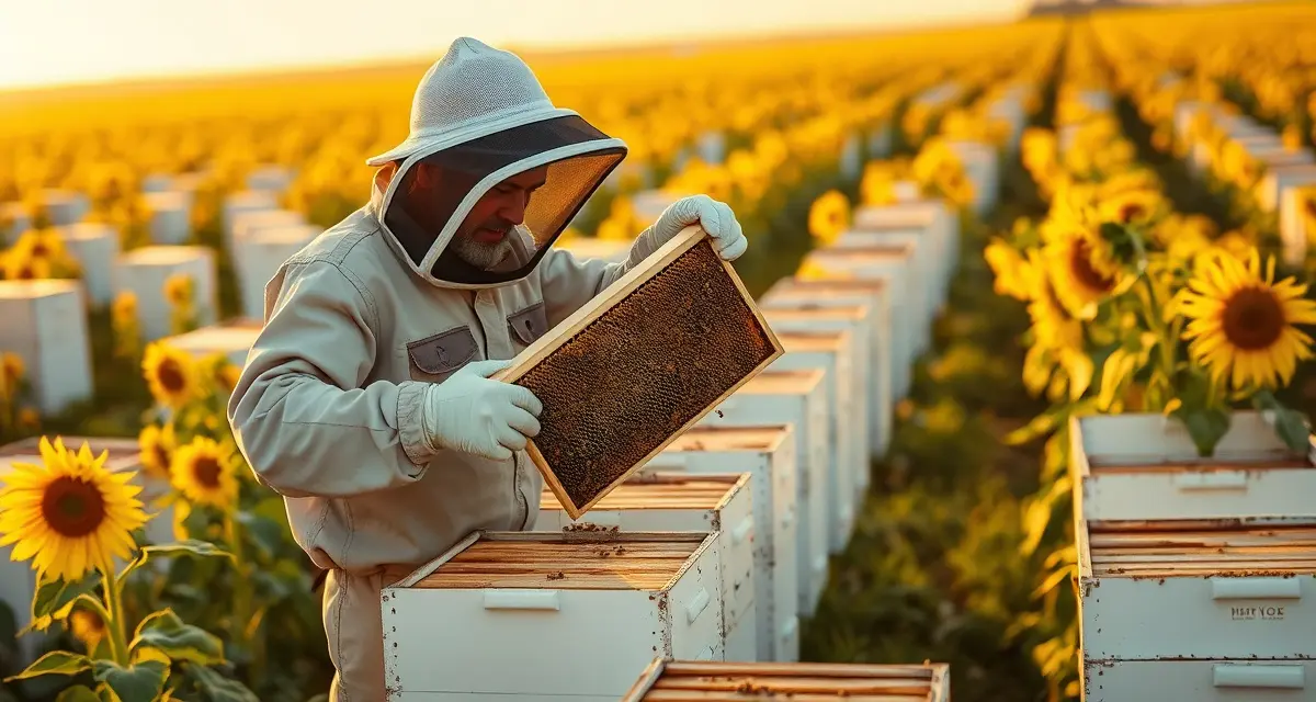 South Dakota commercial beekeeping operation during sunflower season Commercial beekeeper inspecting honeycomb frame with sunflower field and white bee boxes in South Dakota apiary setup.