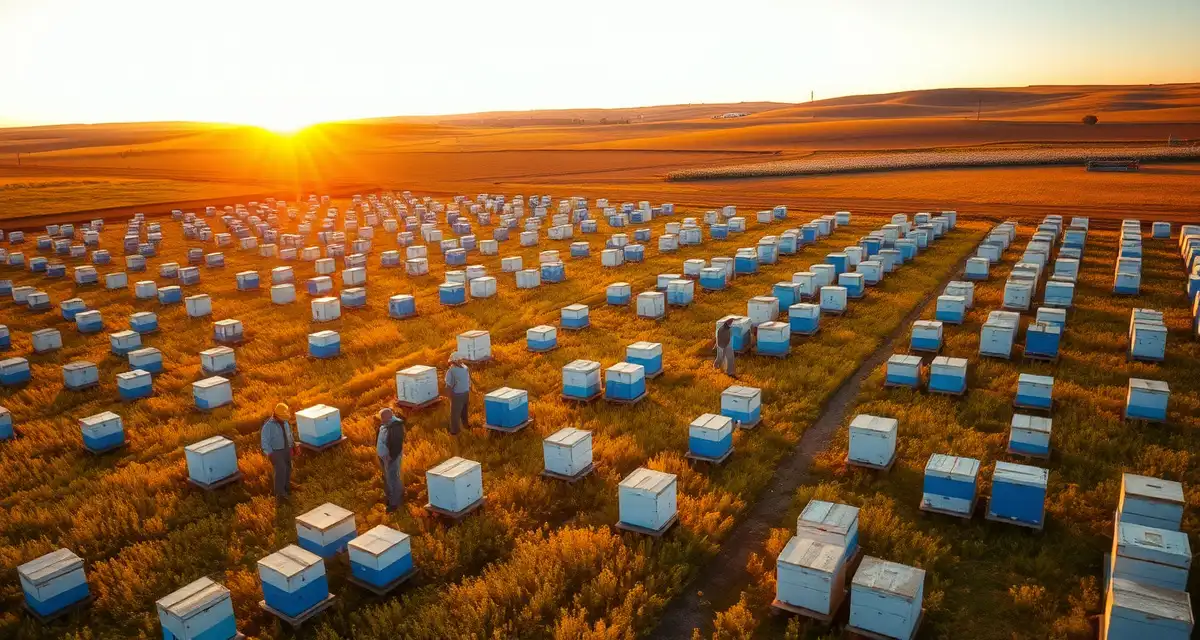 South Dakota Commercial Beekeeping Operations Aerial view of commercial beehives in organized rows across South Dakota clover fields during honey production season with beekeepers managing colonies.