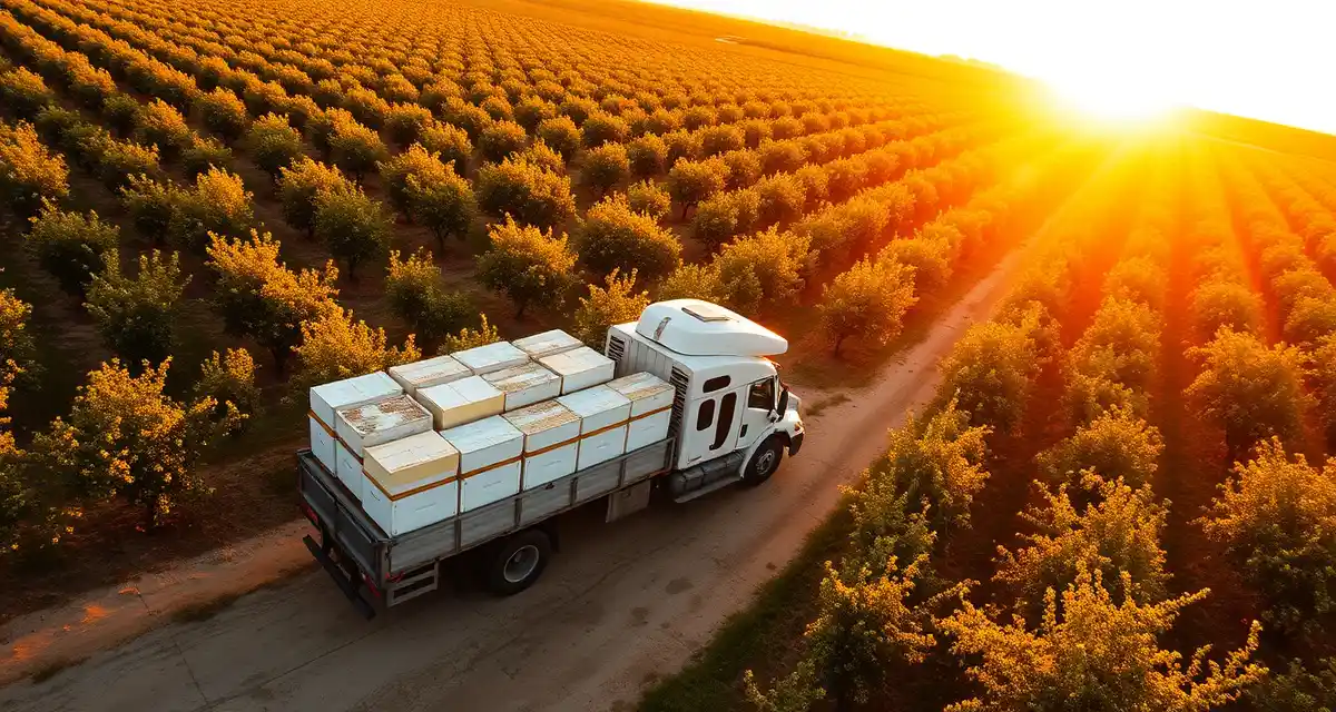 Mobile pollination logistics for eastern beekeeping routes Commercial beekeeping truck with stacked hives positioned in Florida citrus grove for Southeast pollination circuit operations