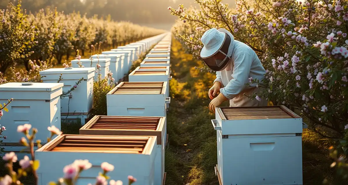 Blueberry Pollination Operations in Southeast Georgia Commercial beehives in Georgia blueberry orchard during spring pollination season with beekeeper managing hives