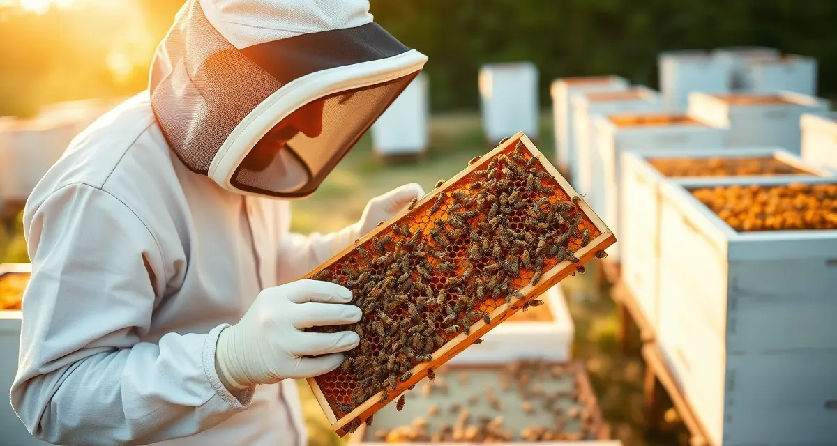 Starting a profitable pollination service business Commercial beekeeper inspecting honeycomb frame in professional pollination operation with multiple hives in organized apiary setting