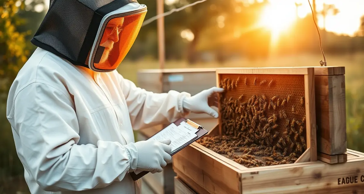 Apiary inspection compliance documentation Commercial beekeeper conducting state apiary inspection on hive frame with documentation clipboard visible