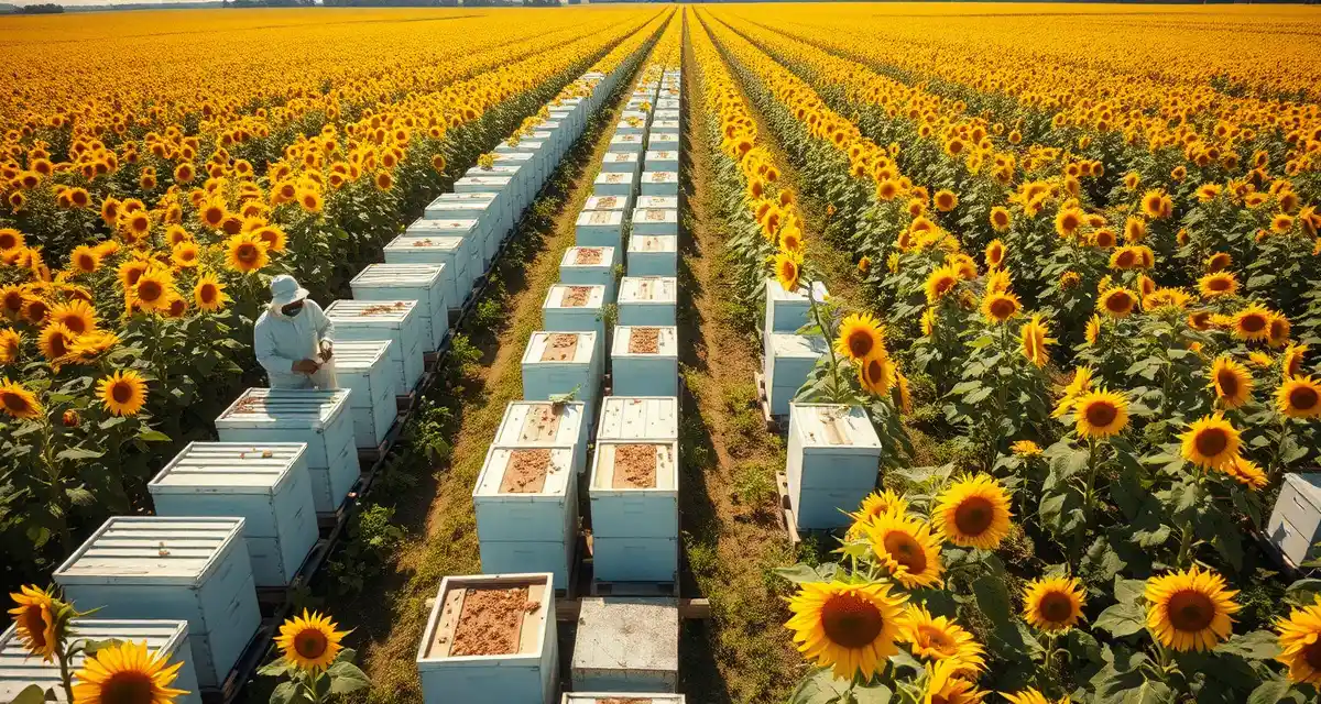 Sunflower field pollination operations with commercial hives Commercial bee hives positioned in blooming sunflower field during peak pollination season in North Dakota plains