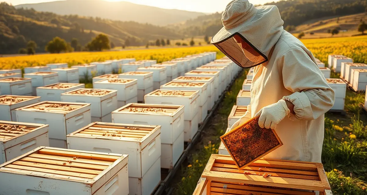 Tennessee commercial beekeeping operation and apiary management Commercial beekeeper inspecting honey frames at a Tennessee apiary with multiple beehive boxes in organized rows during spring inspection.