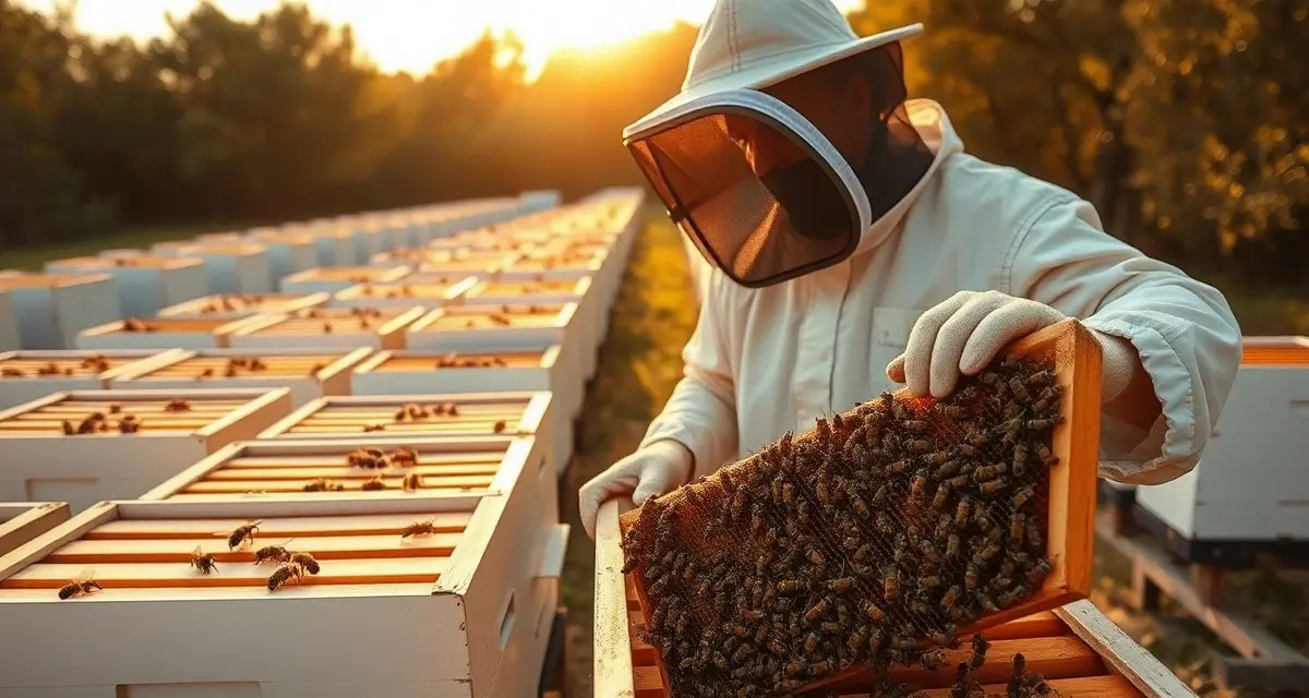Tennessee commercial apiary inspection and hive management Commercial beekeeper inspecting hive frames in Tennessee apiary operation complying with state regulations
