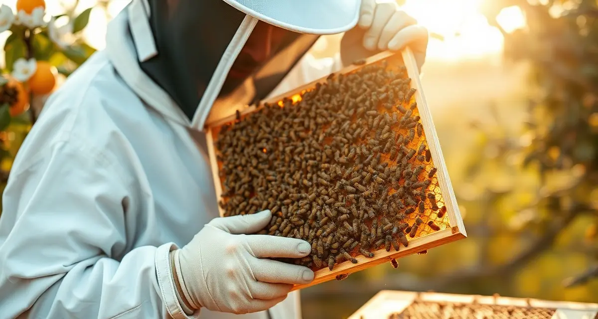 Citrus pollination colony management in Texas Commercial beekeeper inspecting a strong honey bee colony positioned for Texas citrus pollination in the Rio Grande Valley