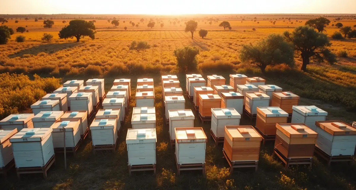 Large-scale commercial beekeeping apiaries in Texas Commercial beekeeping operation in Texas showing organized rows of beehives in a large-scale apiary with wildflower fields