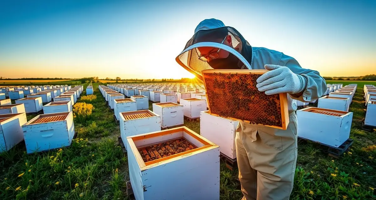 Texas apiary regulations for commercial beekeeping operations Commercial beekeeper inspecting honeycomb frame in Texas apiary with registration requirements for county-level compliance